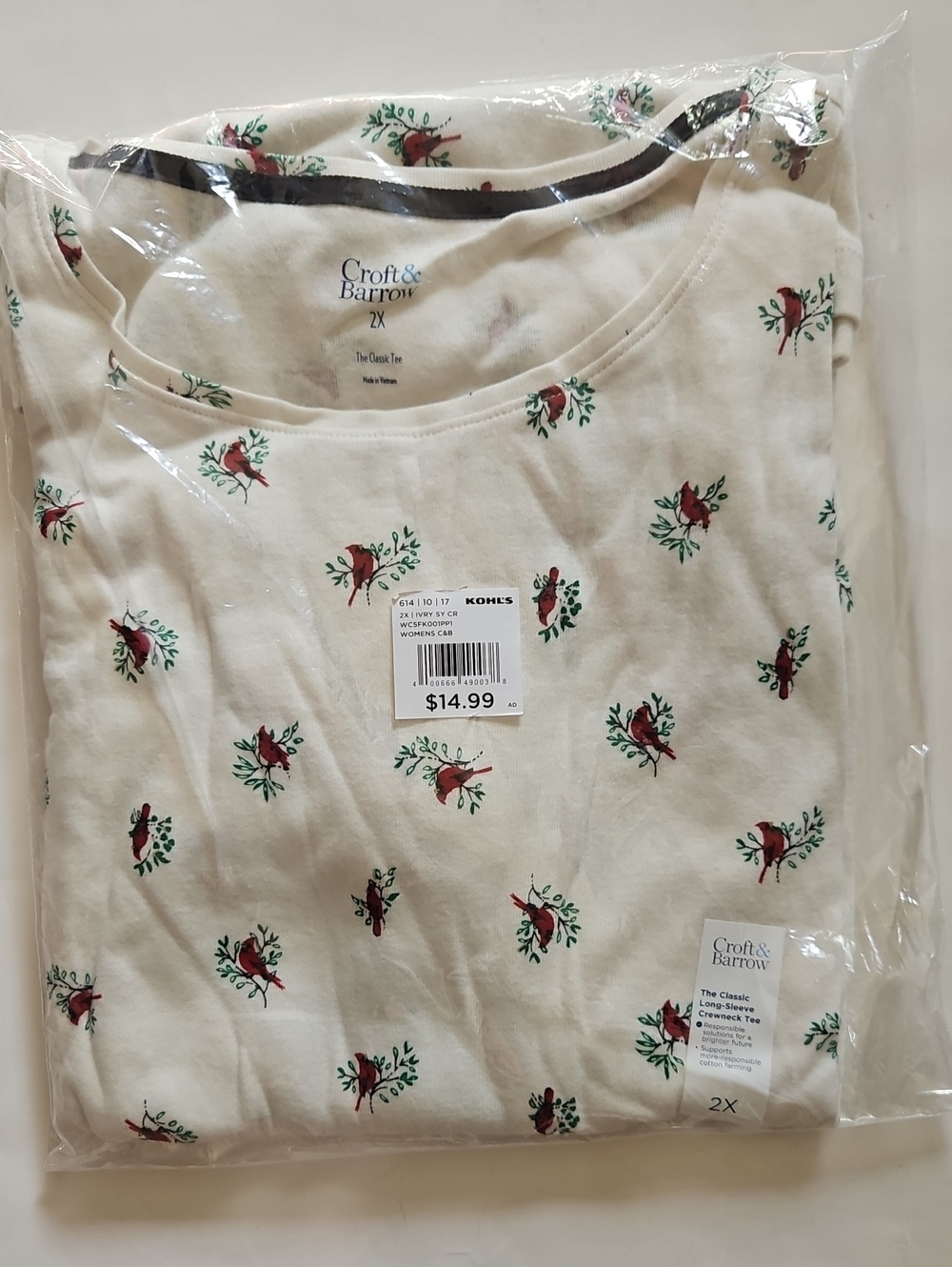 Plus Size Croft & Barrow Essential Crewneck Long Sleeve Tee, Ivory Cardinal, 2X